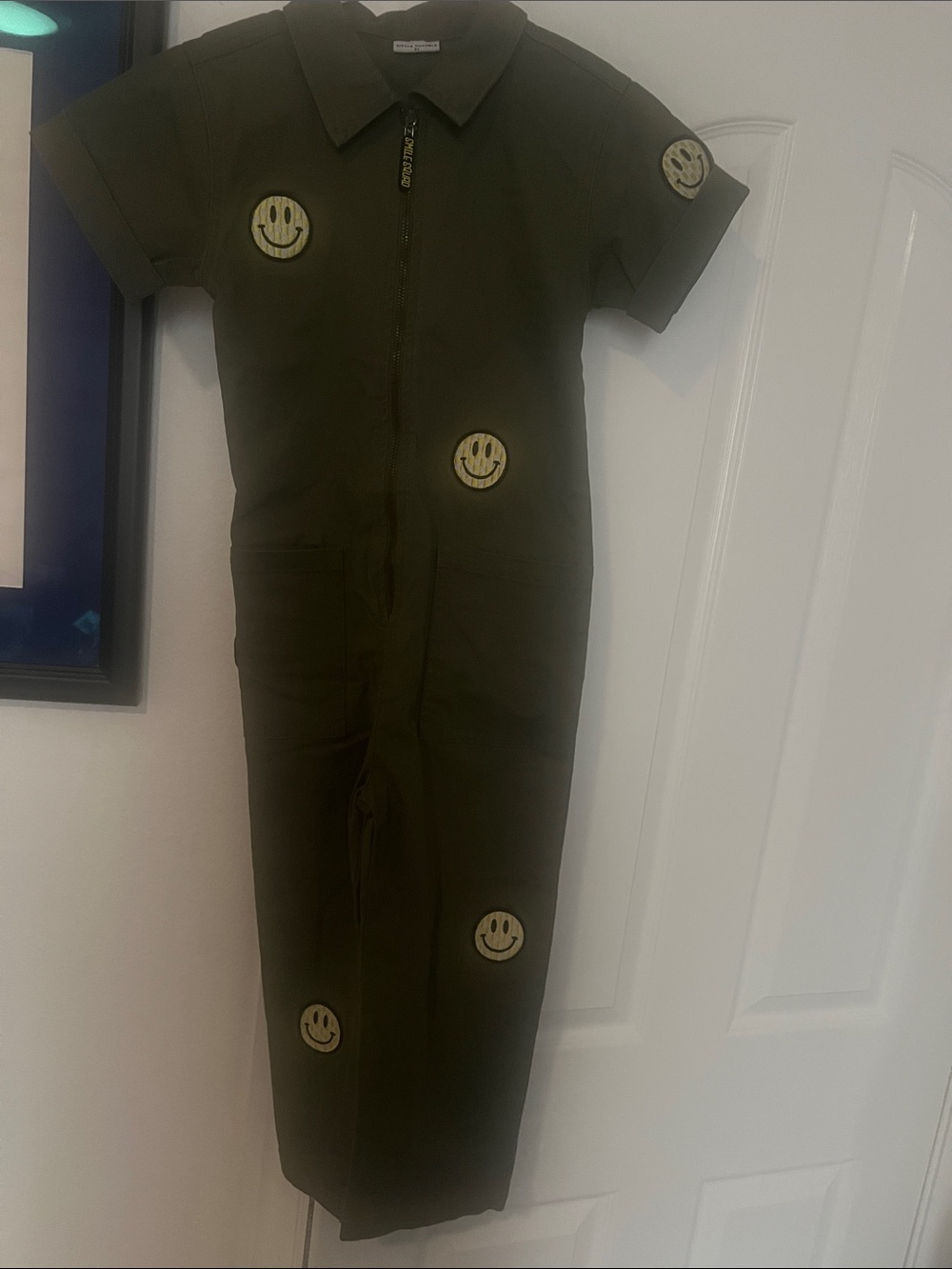 Little Trouble Olive Green Short-Sleeve Kids One-Piece with Smiley Patches